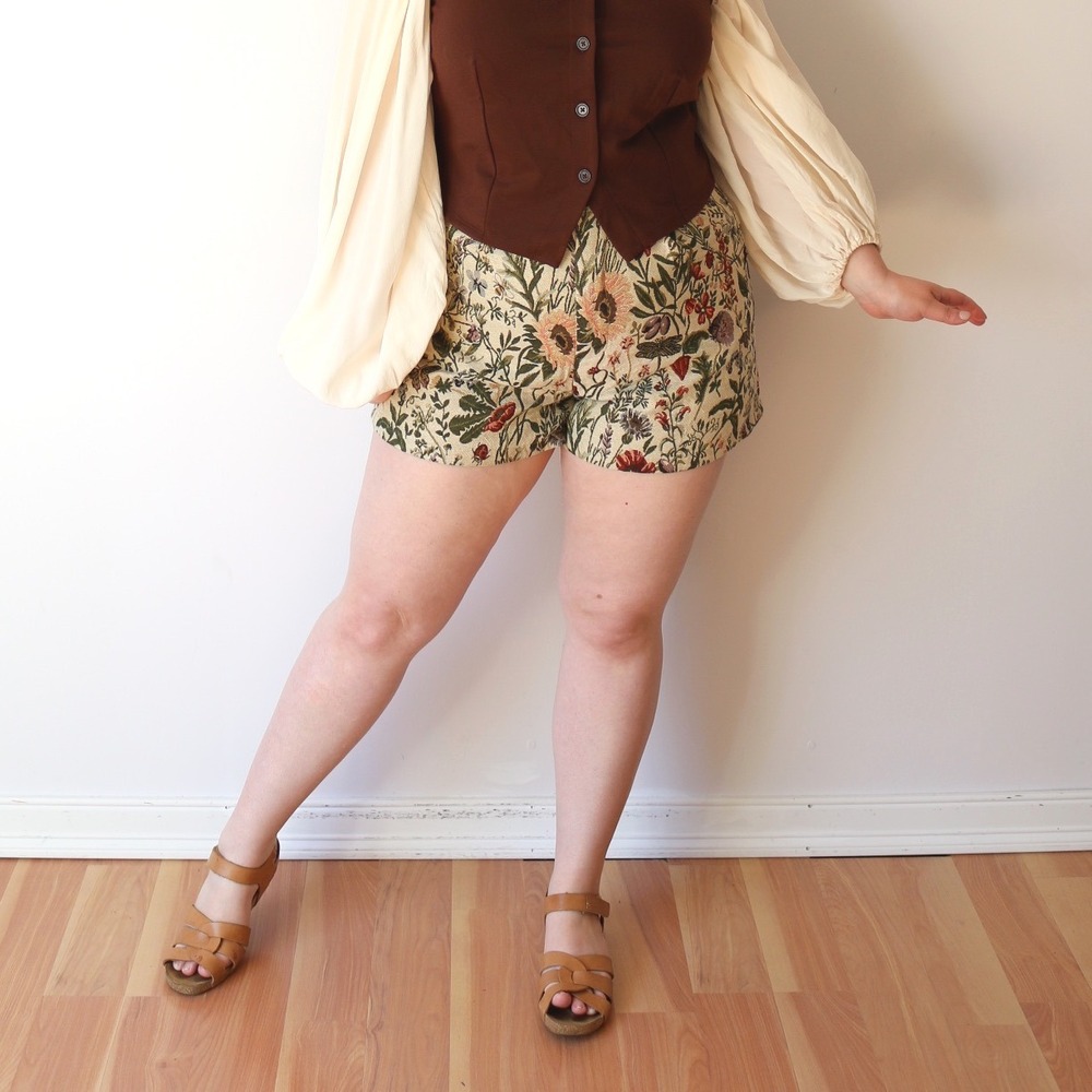 Tapestry Shorts Beige Floral Botanical High Waisted Ladybug Cottage Sunflower